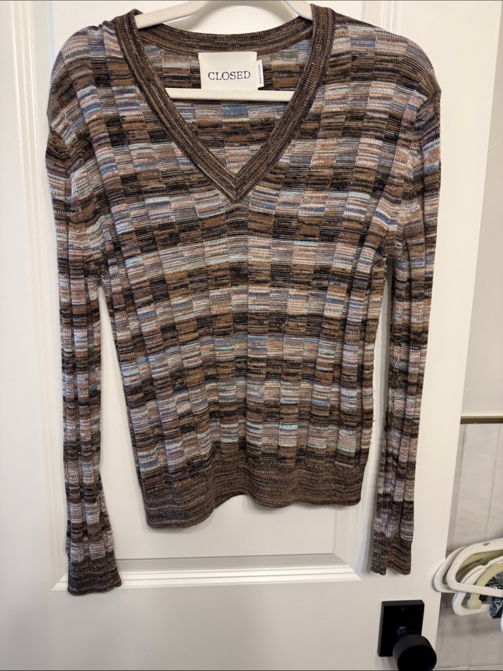 CLOSED Brown and Blue Multi-Stripe V-Neck Sweater
